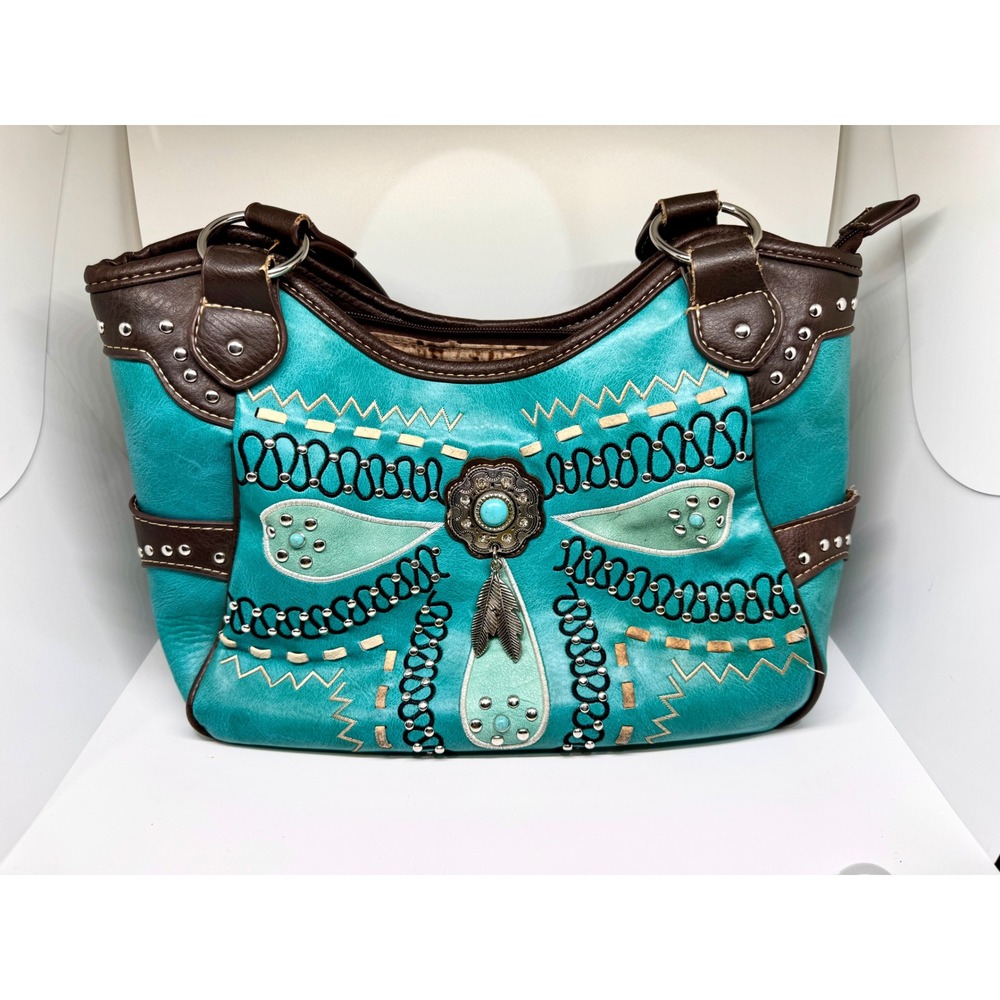 Western Boho Turquoise Studded Embroidered Handbag Concho Feather Teal Brown